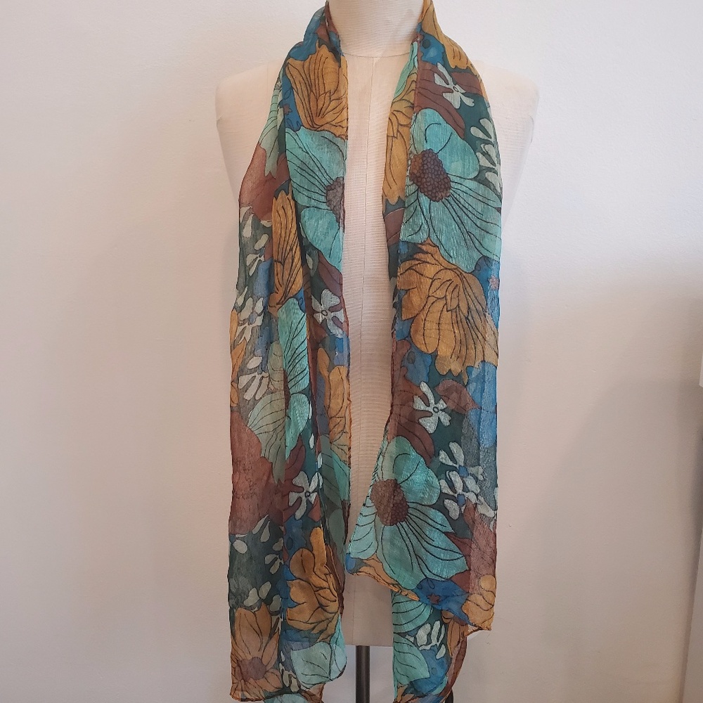Floral Pattern Lightweight Scarf in Teal and Mustard